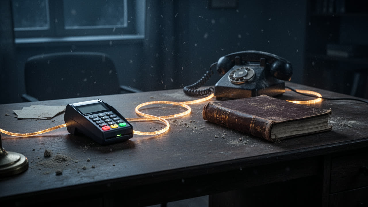 A card reader, desk phone and ledger on a night desk, joined by a glowing cable