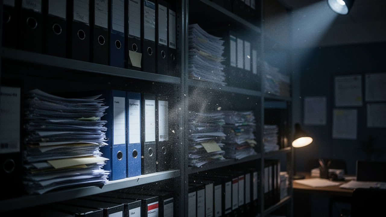 Shelves of files at night with one shaft of moonlight across the paper